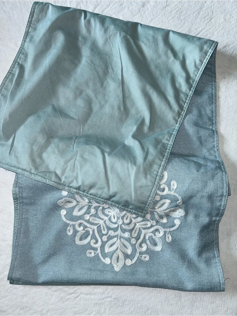 Embroidered Table Runner in Aqua & White. 80” x 15-1/2”. Lined. VGUC.